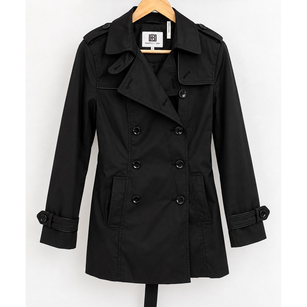 Laundry by Design Black Double Breasted Trench Coat Size M Belted Mid Length